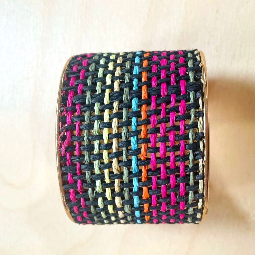 Multicolored Pink Orange Green Yellow Woven Bracelet Cuff Copper Color Inside